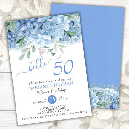 Floral 50th Birthday in Blue Hydrangeas Waterverf Kaart