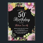 Floral 50th Birthday Invitation for Women Kaart<br><div class="desc">Floral 50th Birthday Invitation for Women. Waterverf Floral,  roze,  zwarte achtergrond. 13e 16e 18e 21e 30e 40e 50e 70e 80e 90e 100e. Elke leeftijd. Voor verdere aanpassing,  te klikken gelieve de knoop "van de Aanpassing het"en ons ontwerphulpmiddel te gebruiken om deze sjabloon te wijzigen.</div>
