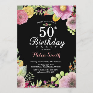 Floral 50th Birthday Invitation for Women Kaart