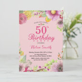 Floral 50th Birthday Invitation for Women Pink Kaart (Staand voorkant)