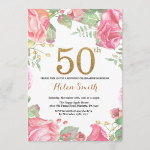 Floral 50th Birthday Invitation Gold Glitter Kaart