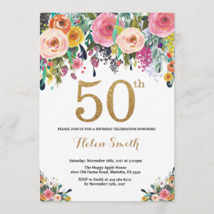 Floral 50th Birthday Invitation Gold Glitter Kaart