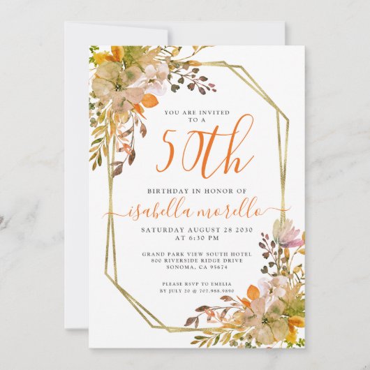 Floral 50th Birthday Invitation Kaart (Voorkant)