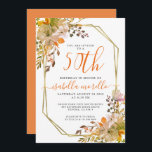 Floral 50th Birthday Invitation Kaart<br><div class="desc">Een grote waterverf zand en roest oranje florale 50e verjaardag uitnodiging met gouden lijst. Vast stoffig blauw op de achterkant van de uitnodiging. Een stijlvol en  ontwerp van de waterverf.</div>