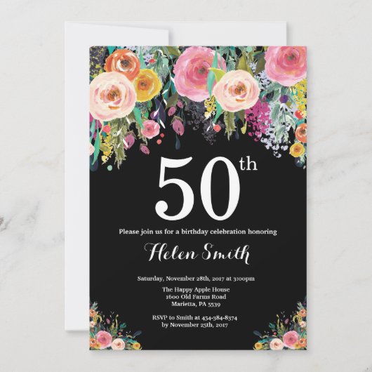 Floral 50th Birthday Invitation Kaart (Voorkant)