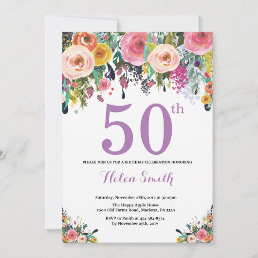 Floral 50th Birthday Invitation Paars Kaart (Voorkant)