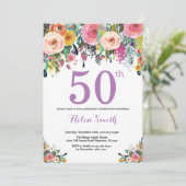 Floral 50th Birthday Invitation Paars Kaart (Staand voorkant)