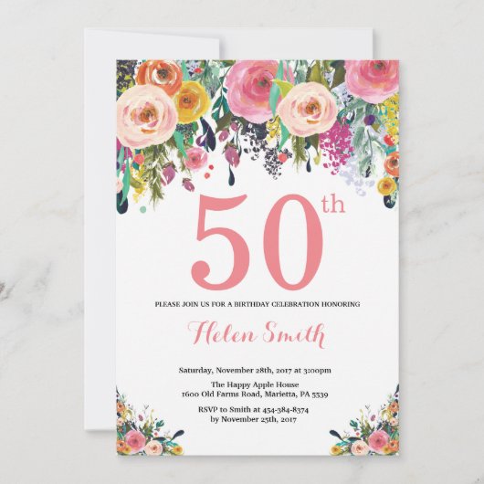 Floral 50th Birthday Invitation Pink Kaart (Voorkant)