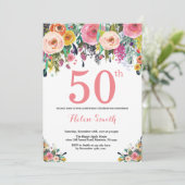 Floral 50th Birthday Invitation Pink Kaart (Staand voorkant)