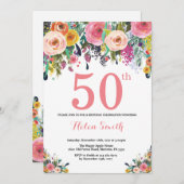 Floral 50th Birthday Invitation Pink Kaart (Voorkant / Achterkant)