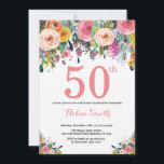 Floral 50th Birthday Invitation Pink Kaart<br><div class="desc">Floral 50th Birthday Invitation for Women. Waterverf bloem. Roze, geel, Oranje, Paars ventilator. Volwassen verjaardag. 30e 40e 50e 60e 70e 90e 100e 13e 15e 16e 18e 20e 21e elke leeftijd. Voor verdere aanpassing, te klikken gelieve de knoop "van de Aanpassing het"en ons ontwerphulpmiddel te gebruiken om deze sjabloon te wijzigen....</div>