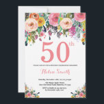 Floral 50th Birthday Invitation Pink Kaart<br><div class="desc">Floral 50th Birthday Invitation for Women. Waterverf bloem. Roze, geel, Oranje, Paars ventilator. Volwassen verjaardag. 30e 40e 50e 60e 70e 90e 100e 13e 15e 16e 18e 20e 21e elke leeftijd. Voor verdere aanpassing, te klikken gelieve de knoop "van de Aanpassing het"en ons ontwerphulpmiddel te gebruiken om deze sjabloon te wijzigen....</div>