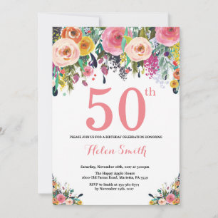 Floral 50th Birthday Invitation Pink Kaart
