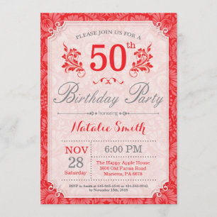 Floral 50th Birthday Invitation Red for Women Kaart