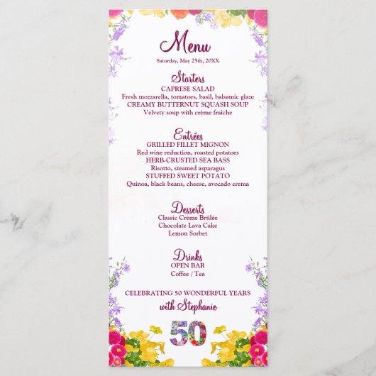 Floral 50th Birthday Menu Kaart 50 jaar (Voorkant)