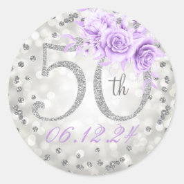 Floral 50th Birthday Party Lights Silver Paars Ronde Sticker