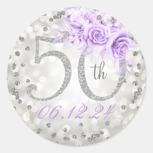 Floral 50th Birthday Party Lights Silver Paars Ronde Sticker (Voorkant)