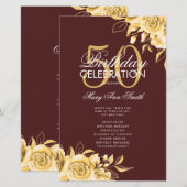 Floral 50th Birthday Program Gold & Bourgogne Menu (Voorkant / Achterkant)