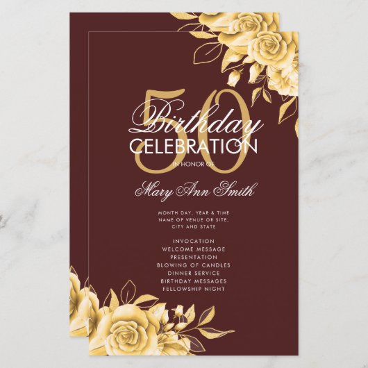 Floral 50th Birthday Program Gold & Bourgogne Menu (Voorkant / Achterkant)