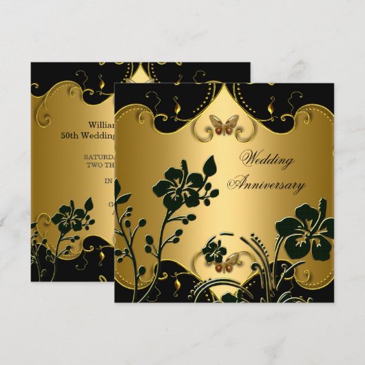 Floral 50th Wedding Jubileum Gold Black Kaart (Voorkant / Achterkant)