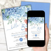 Floral 55th Birthday Blue Hydrangeas Waterverf Kaart