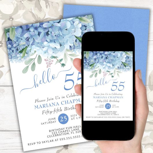 Floral 55th Birthday Blue Hydrangeas Waterverf Kaart