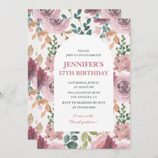 Floral 57e verjaardag uitnodigingen Chic Waterverf (Voorkant / Achterkant)