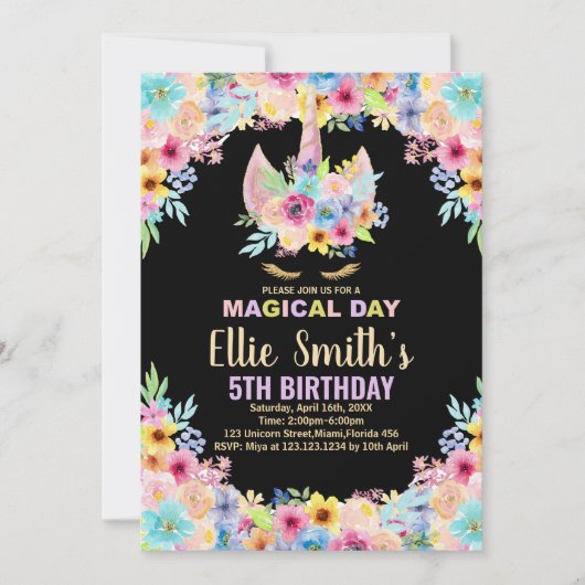 Floral 5e Eenhoorn Verjaardag Uitnodigingen (Voorkant)
