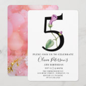Floral 5th Birthday met Aangepaste fotouitnodiging Kaart (Voorkant / Achterkant)