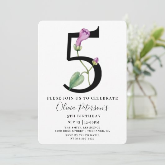 Floral 5th Birthday met Aangepaste fotouitnodiging Kaart (Staand voorkant)