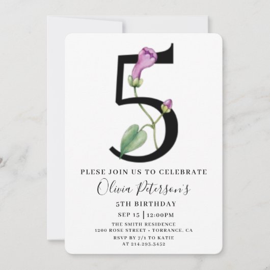 Floral 5th Birthday met Aangepaste fotouitnodiging Kaart (Voorkant)