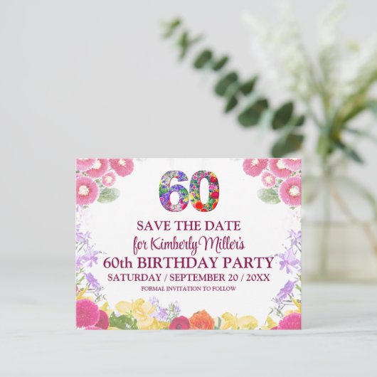 Floral 60e verjaardag - Elegant 60 Save the Date Briefkaart (Staand voorkant)