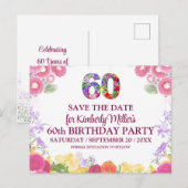 Floral 60e verjaardag - Elegant 60 Save the Date Briefkaart (Voorkant / Achterkant)