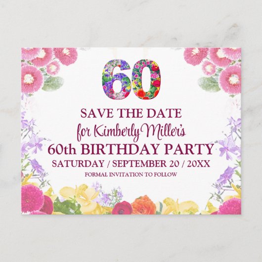 Floral 60e verjaardag - Elegant 60 Save the Date Briefkaart (Voorkant)