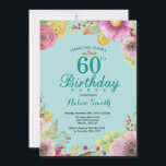 Floral 60e verjaardag uitnodiging voor vrouwen Bla<br><div class="desc">Floral 60e verjaardag uitnodiging voor vrouwen. Waterverf Floral,  Blauwgroen Aqua Turquoise achtergrond. Voor verdere aanpassing klikt u op de knop "Aanpassen" en gebruikt u onze ontwerptool om deze sjabloon te wijzigen.</div>