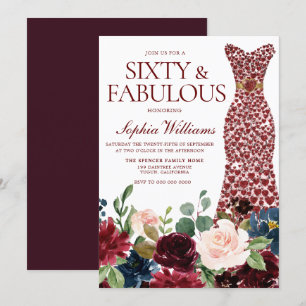 Floral 60e verjaardag van de Rode Dress-Waterverf Kaart