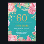 Floral 60th Birthday Gold Glitter en Blauwgroen Kaart<br><div class="desc">Floral 60th Birthday Invitation for Women. Waterverf botanische bloem. Gold Glitter. Blauwgroen Aqua Turquoise Achtergrond. Roze pinda's Floral Flowers. Volwassen verjaardag. Voor verdere aanpassing,  te klikken gelieve de knoop "van de Aanpassing het"en ons ontwerphulpmiddel te gebruiken om deze sjabloon te wijzigen.</div>