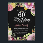 Floral 60th Birthday Invitation for Women Kaart<br><div class="desc">Floral 60th Birthday Invitation for Women. Waterverf Floral,  roze,  zwarte achtergrond. 13e 16e 18e 21e 30e 40e 50e 70e 80e 90e 100e. Elke leeftijd. Voor verdere aanpassing,  te klikken gelieve de knoop "van de Aanpassing het"en ons ontwerphulpmiddel te gebruiken om deze sjabloon te wijzigen.</div>
