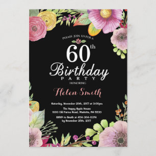 Floral 60th Birthday Invitation for Women Kaart