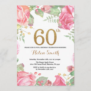 Floral 60th Birthday Invitation Gold Glitter Kaart