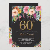 Floral 60th Birthday Invitation Gold Glitter Kaart (Voorkant / Achterkant)
