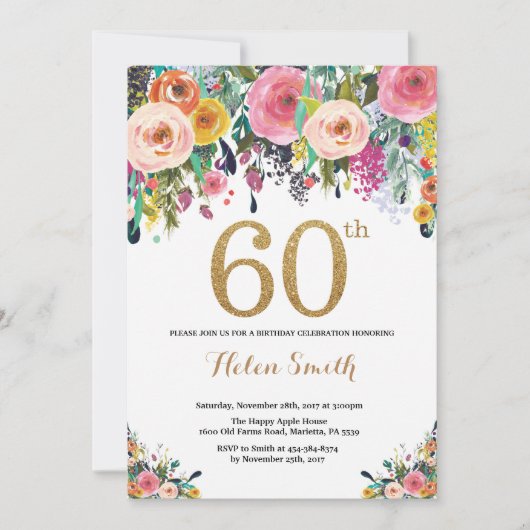 Floral 60th Birthday Invitation Gold Glitter Kaart (Voorkant)