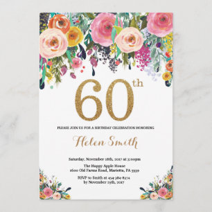 Floral 60th Birthday Invitation Gold Glitter Kaart