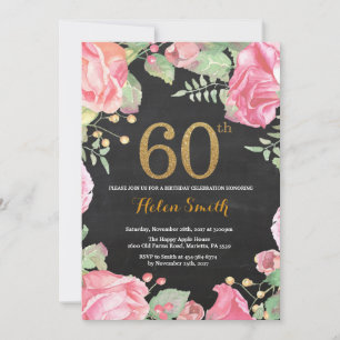 Floral 60th Birthday Invitation Gold Glitter Kaart