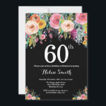 Floral 60th Birthday Invitation Kaart<br><div class="desc">Floral 60th Birthday Invitation for Women. Waterverf Floral Flower. Achtergrond zwart karton. Roze,  geel,  Oranje,  Paars ventilator. Volwassen verjaardag. Voor verdere aanpassing,  te klikken gelieve de knoop "van de Aanpassing het"en ons ontwerphulpmiddel te gebruiken om deze sjabloon te wijzigen.</div>