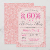 Floral 60th Birthday Invitation Pink for Women Kaart (Voorkant / Achterkant)