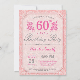 Floral 60th Birthday Invitation Pink for Women Kaart