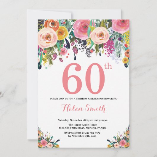 Floral 60th Birthday Invitation Pink Kaart (Voorkant)