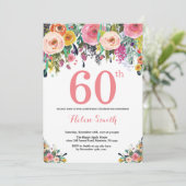 Floral 60th Birthday Invitation Pink Kaart (Staand voorkant)