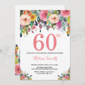 Floral 60th Birthday Invitation Pink Kaart (Voorkant / Achterkant)